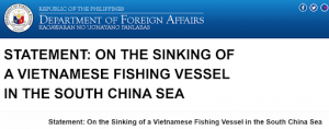 Bộ ngoại giao Philippines tuyên bố ủng hộ Việt Nam vụ tàu cá Việt Nam bị Trung Quốc đâm chìm