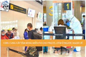 Bàn trợ giúp OWWA (trái) và quầy kiểm tra tăm bông (phải) tại Sân bay Quốc tế Mactan-Cebu