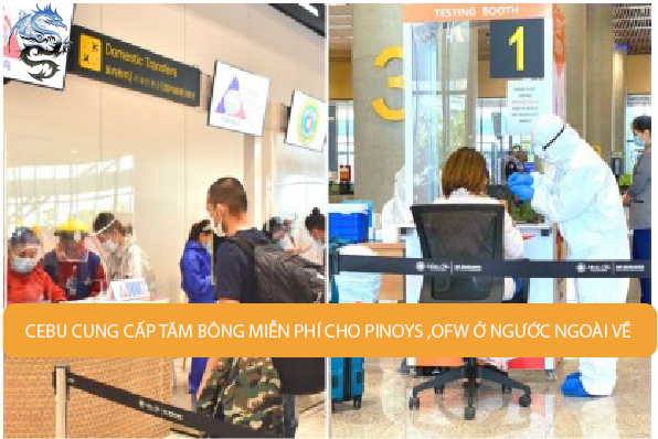 Bàn trợ giúp OWWA (trái) và quầy kiểm tra tăm bông (phải) tại Sân bay Quốc tế Mactan-Cebu