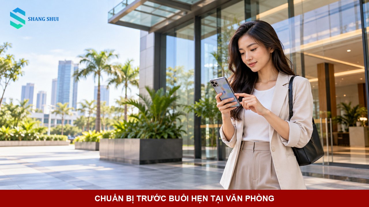 Ảnh minh họa người đi tới buổi hẹn kiểm tra thông tin trên điện thoại trước lối vào văn phòng