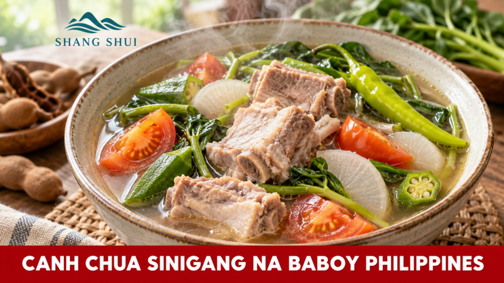 Minh họa bát canh chua Sinigang na Baboy với sườn heo, cà chua, đậu bắp, củ cải và rau xanh.