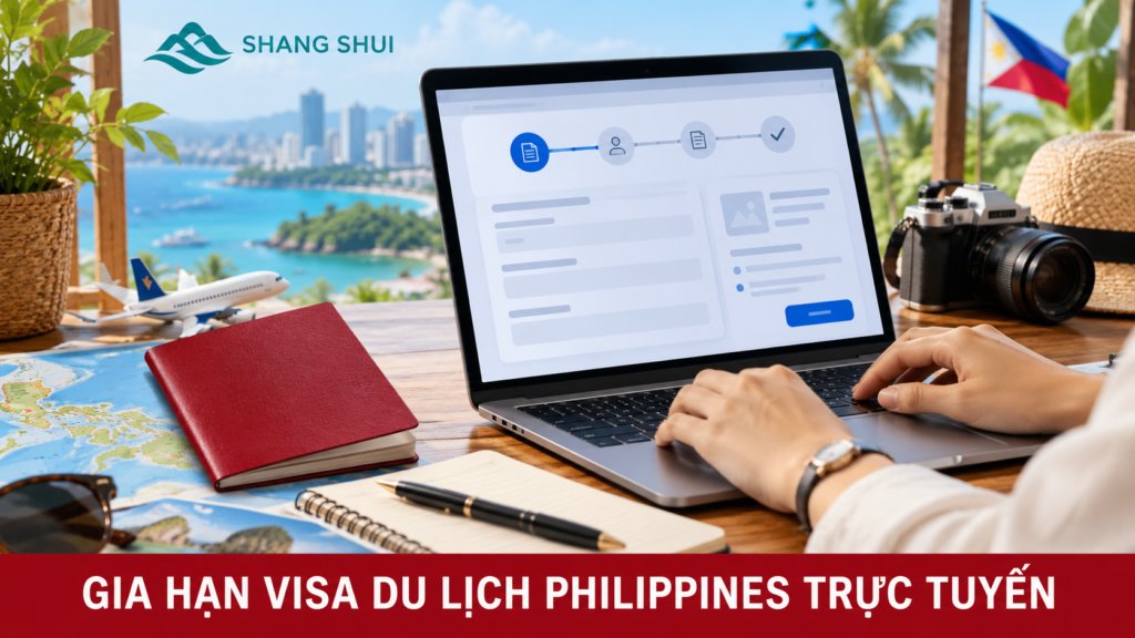 Minh họa du khách chuẩn bị hồ sơ gia hạn thị thực trực tuyến trên giao diện giả lập, cạnh hộ chiếu đóng.