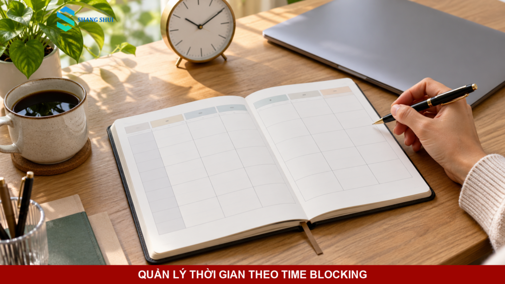 Sổ kế hoạch tuần chia các khung thời gian trống để minh họa phương pháp Time Blocking.