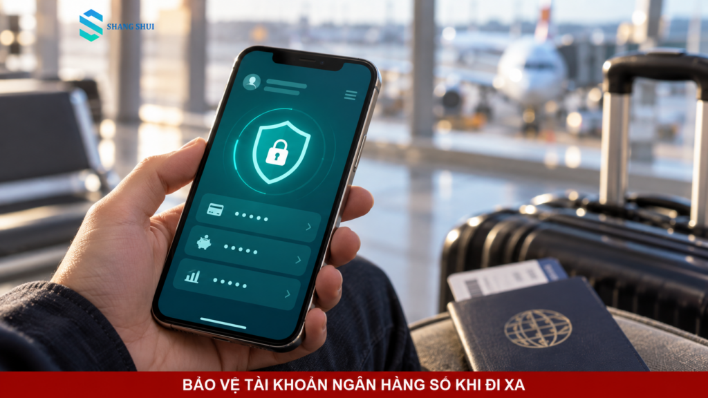 Điện thoại hiển thị biểu tượng khóa bảo mật bên cạnh hành lý của người đi du lịch