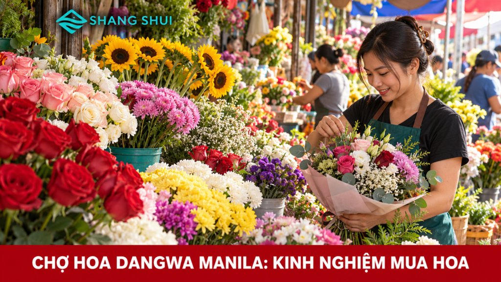 Minh họa người bán sắp xếp hoa tươi ở chợ; không phải ảnh ghi nhận giá hoặc gian hàng cụ thể tại Dangwa.