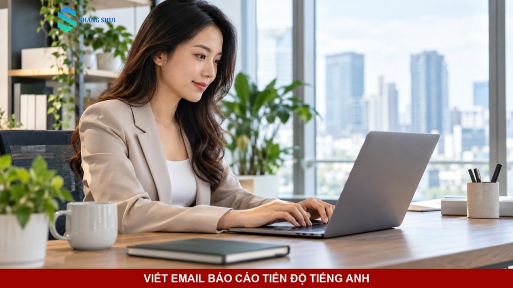 Nhân viên văn phòng làm việc trên máy tính để minh họa việc viết email báo cáo tiến độ tuần.